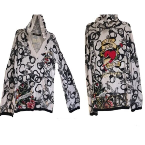 Ed Hardy RARE Vintage Y2K Hoodie Handcuffs Tattoo Crystal Knit Top Sweater L - Picture 2 of 16